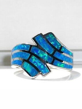 925 STERLING SILVER Lab Created Blue Fire Opal Wave Ring